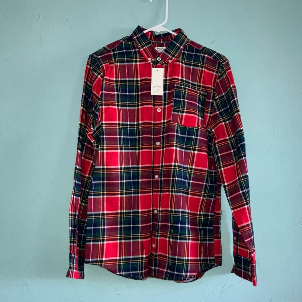 NWT crown & ivy Boys Red and Navy Plaid Button-Down Shirt size XL